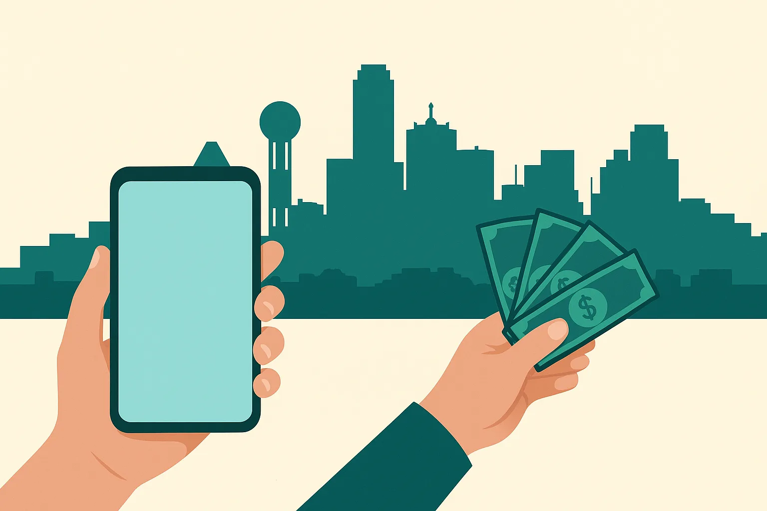 Illustration of a hand holding a smartphone and another hand holding cash with the Dallas skyline in the background, symbolizing selling phones for money locally.