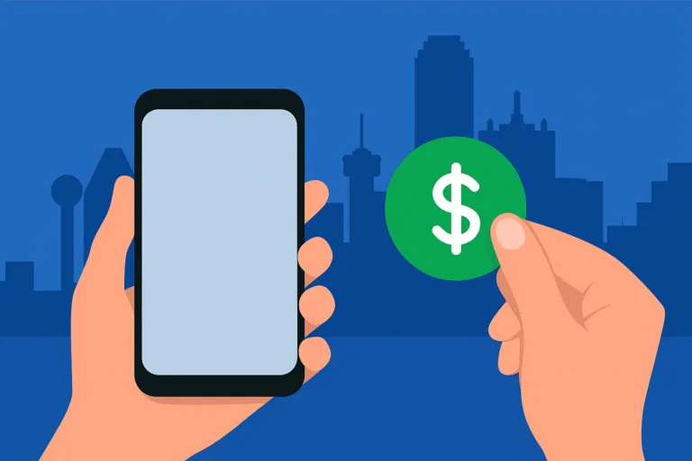 Illustration of selling a smartphone for cash in Dallas, showing a phone exchanged for money with Dallas skyline background.