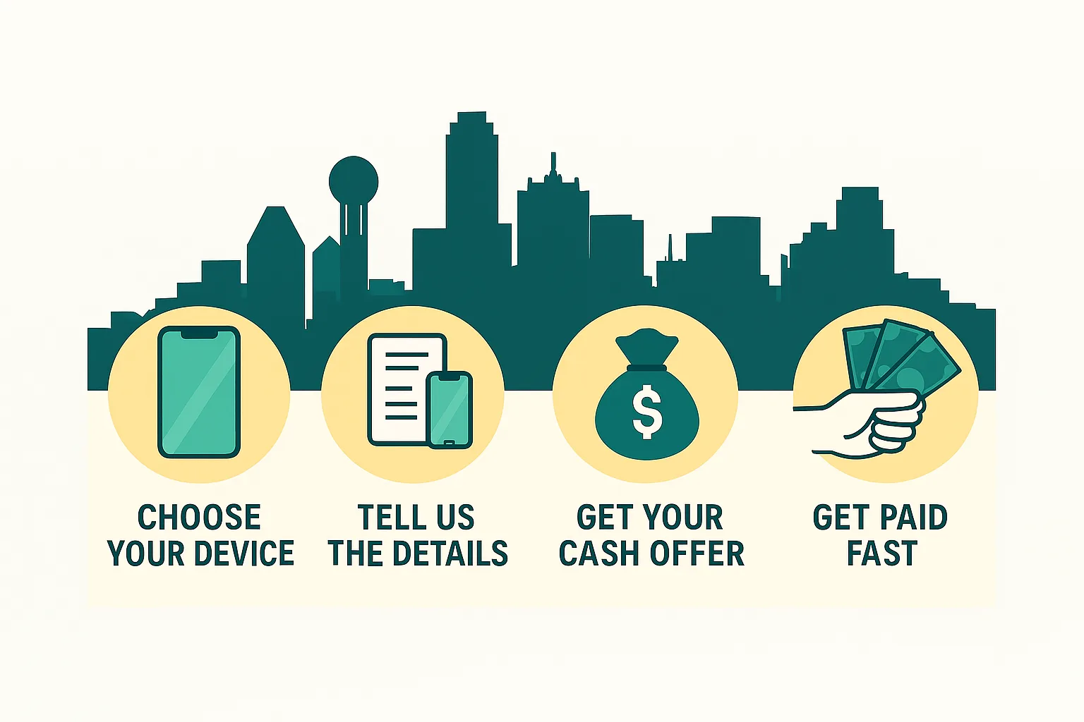 Illustration showing four steps to sell a phone in Dallas: choose device, provide details, get cash offer, and get paid fast, with Dallas skyline background