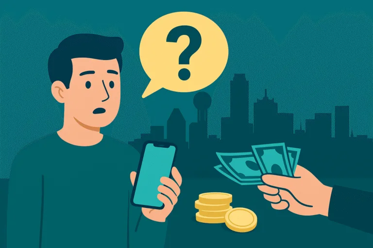 Illustration of an iPhone and Samsung smartphone placed on cash and coins with the Dallas skyline in the background, symbolizing checking phone value before selling.