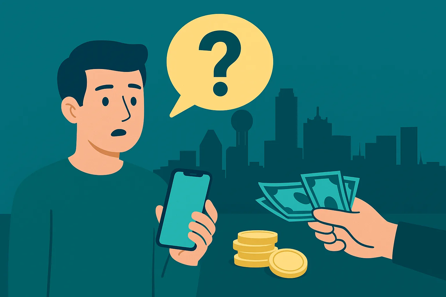Illustration of an iPhone and Samsung smartphone placed on cash and coins with the Dallas skyline in the background, symbolizing checking phone value before selling.