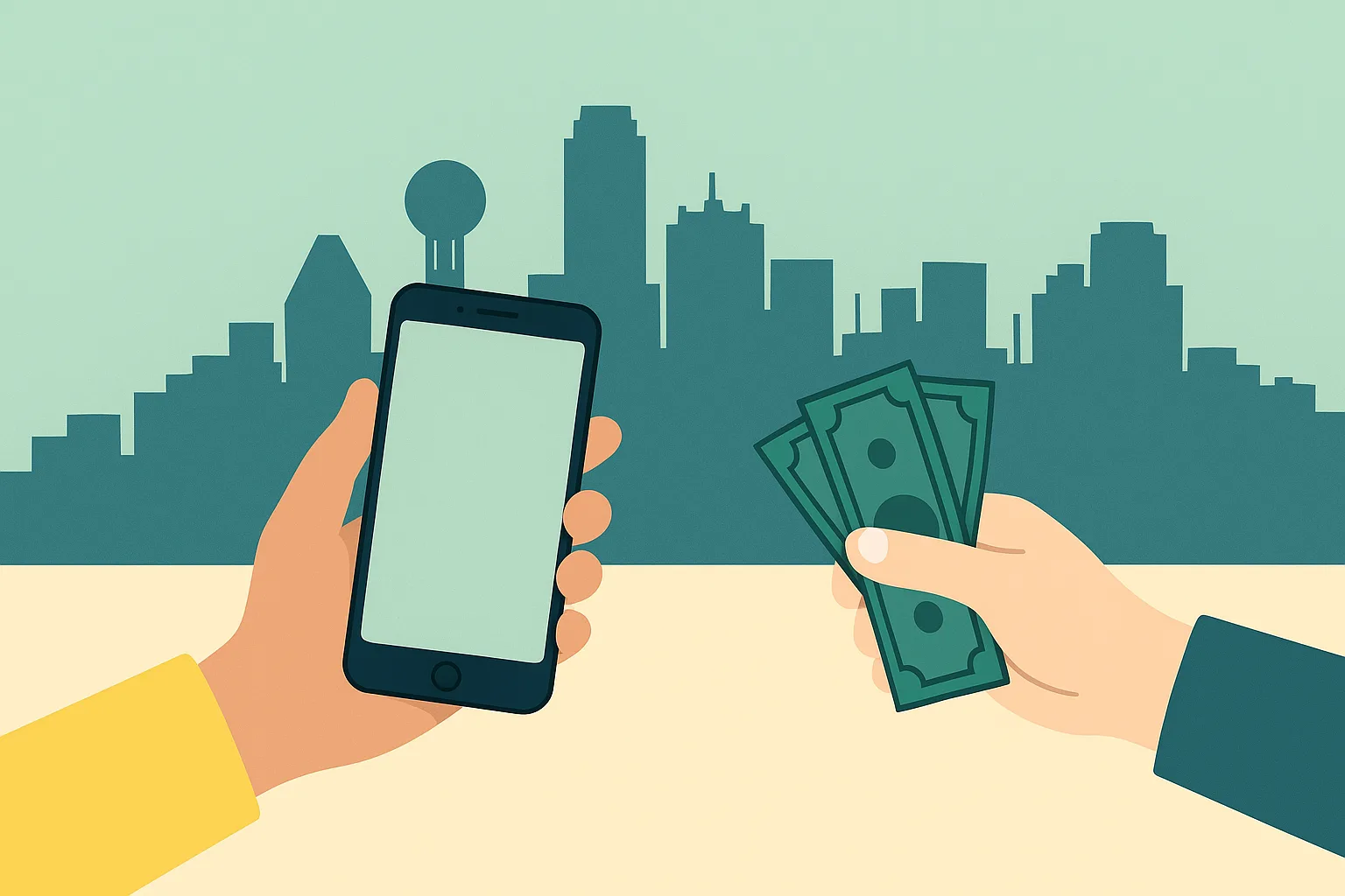 Illustration of a customer handing an iPhone to a local Dallas buyer for cash with Dallas skyline in the background.