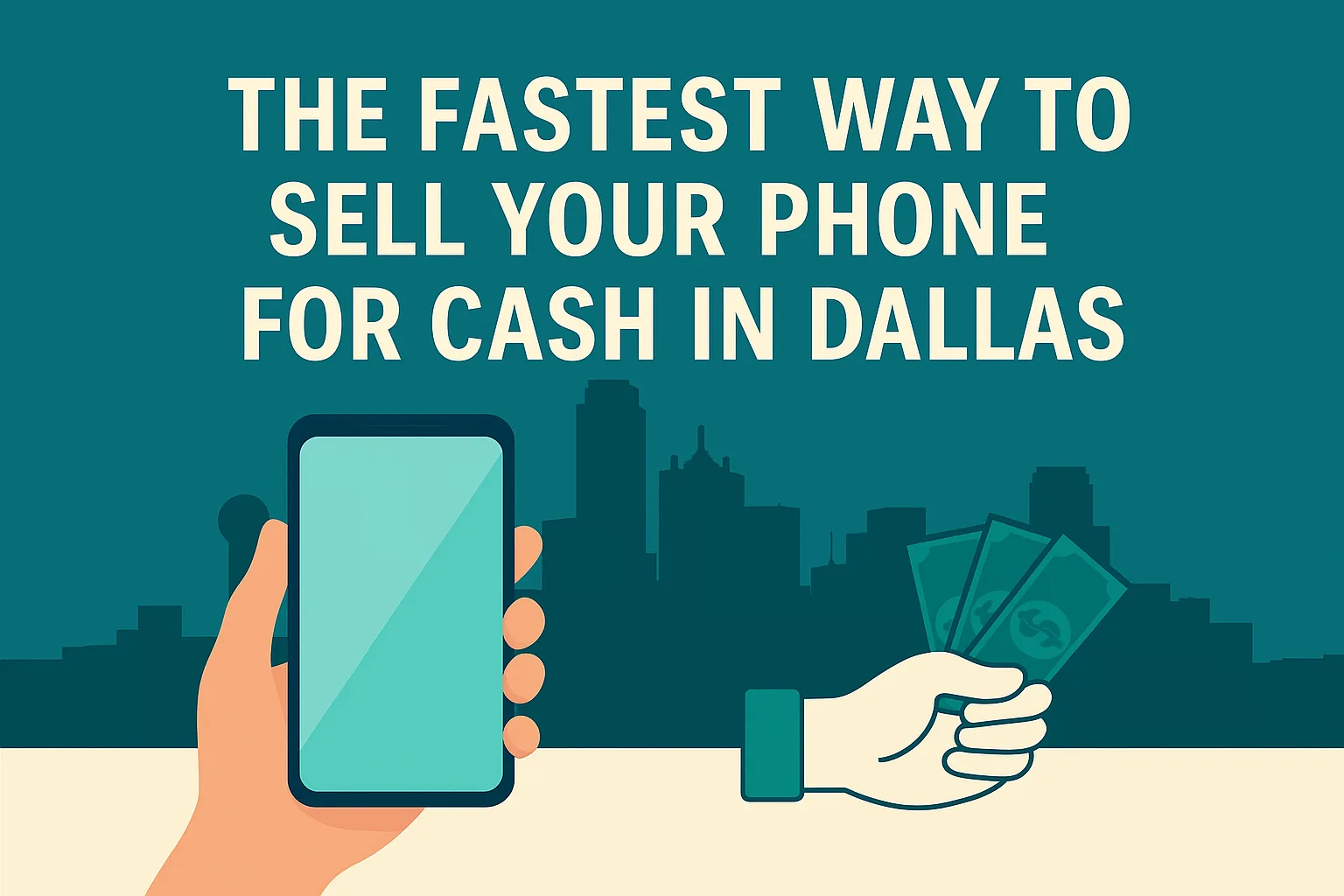 Illustration of an iPhone being exchanged for cash in Dallas with skyline background, symbolizing fast phone sales.
