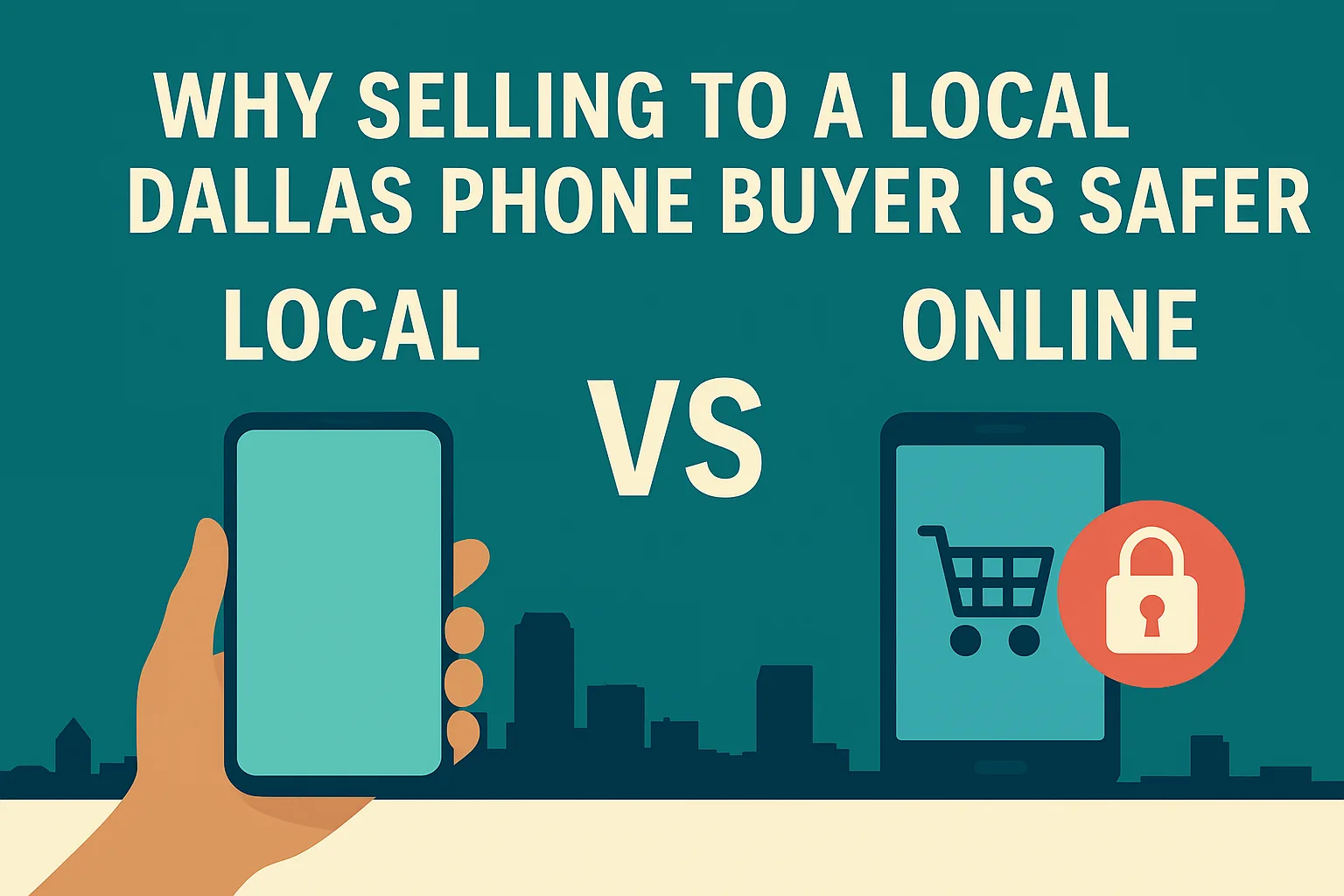 Illustration of a safe iPhone-for-cash exchange in Dallas compared to online trade-ins and kiosks