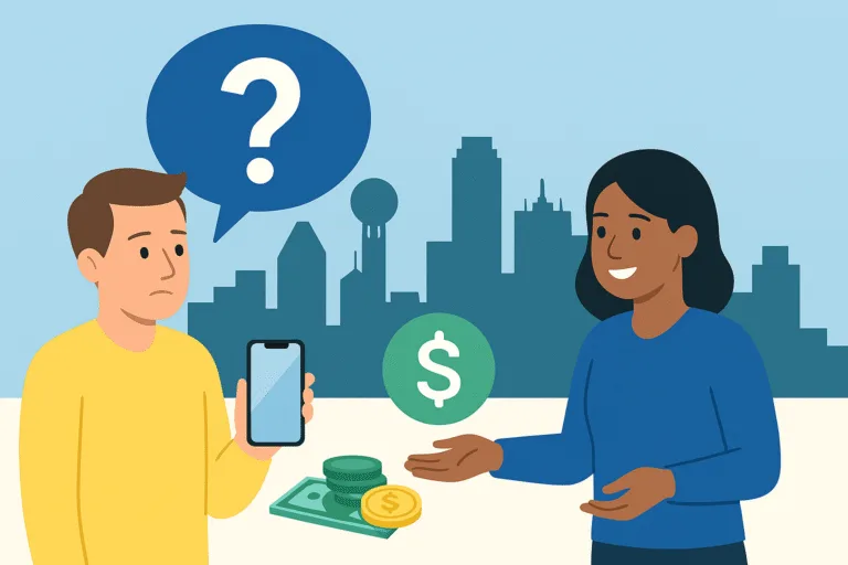 Illustration of a Dallas customer asking questions before selling an iPhone, with phone-for-cash exchange in front of the skyline