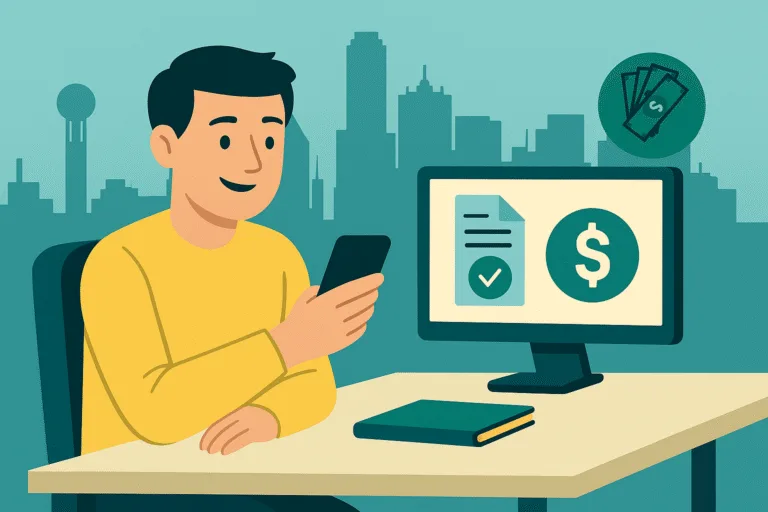 Illustration of a Dallas resident sitting at a desk using a smartphone with digital quote and cash icons appearing on screen, showing a seamless phone selling process