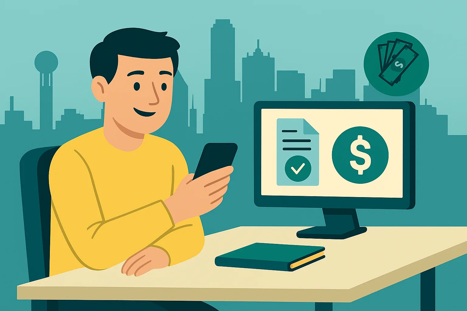 Illustration of a Dallas resident sitting at a desk using a smartphone with digital quote and cash icons appearing on screen, showing a seamless phone selling process