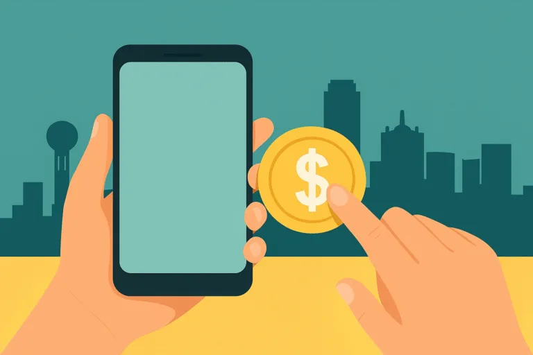 Illustration of a Dallas resident exchanging a smartphone for cash with the Dallas skyline in the background, representing making extra money without getting a second job.