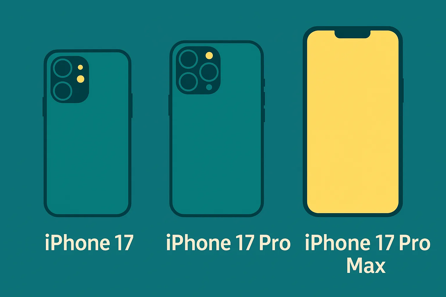 Flat-style teal and yellow illustration showing the iPhone 17, iPhone 17 Pro, and iPhone 17 Pro Max lineup, designed to represent different model values for Dallas sellers.