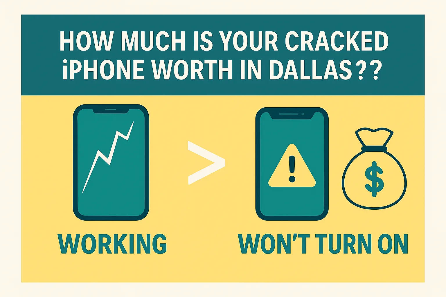 Flat teal and yellow illustration comparing a working cracked iPhone to one that won’t turn on, showing the difference in resale value for Dallas sellers.