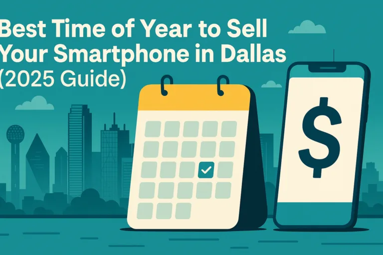 Illustration showing a calendar, smartphone, and Dallas skyline representing the best time of year to sell a phone in Dallas in 2025.