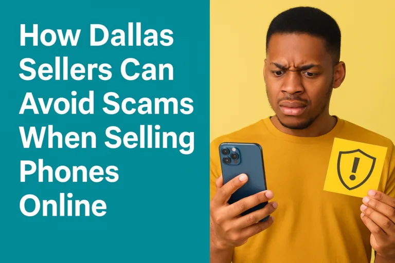 A teal and yellow illustration of a smartphone with warning icons, symbolizing how Dallas sellers can avoid scams when selling phones online.