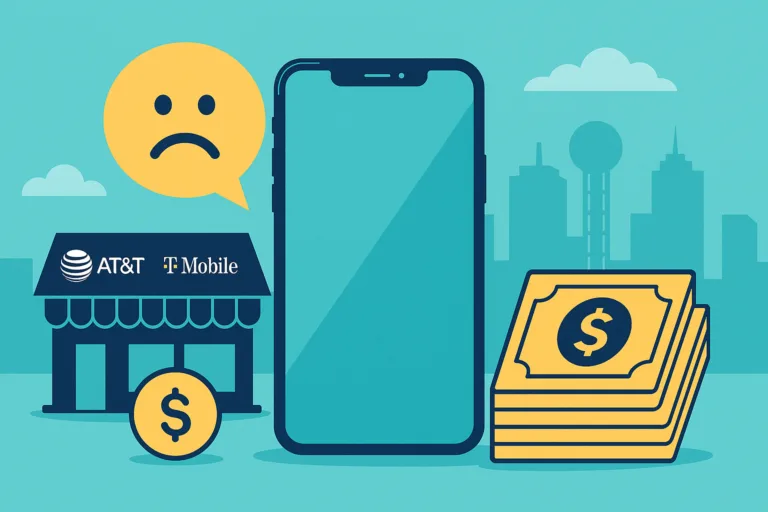 Smartphone receiving a low-value trade-in offer represented by small cash icons, illustrating why carrier trade-ins are the worst deal for Dallas sellers.