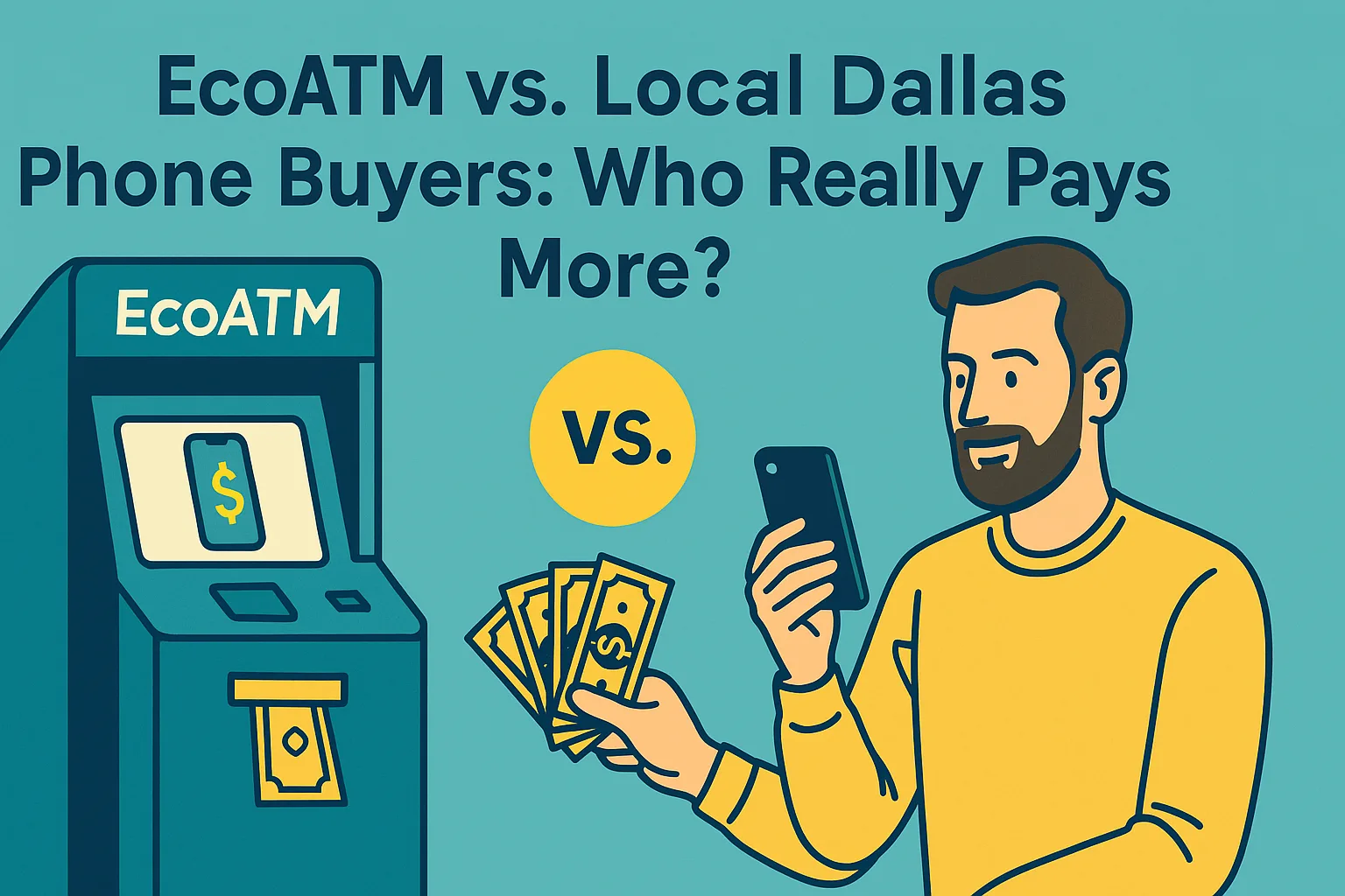 Teal and yellow illustration comparing an automated kiosk to a local phone buyer evaluating a smartphone.