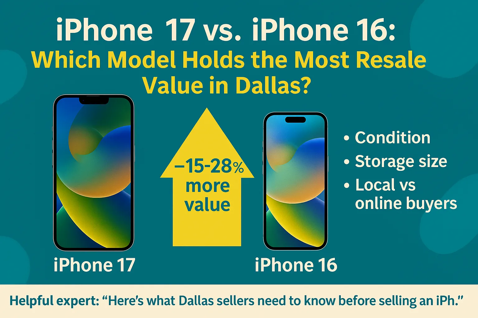 Teal and yellow comparison graphic showing an iPhone 17 and iPhone 16 side by side, illustrating that the iPhone 17 series holds 15–28% more resale value in Dallas