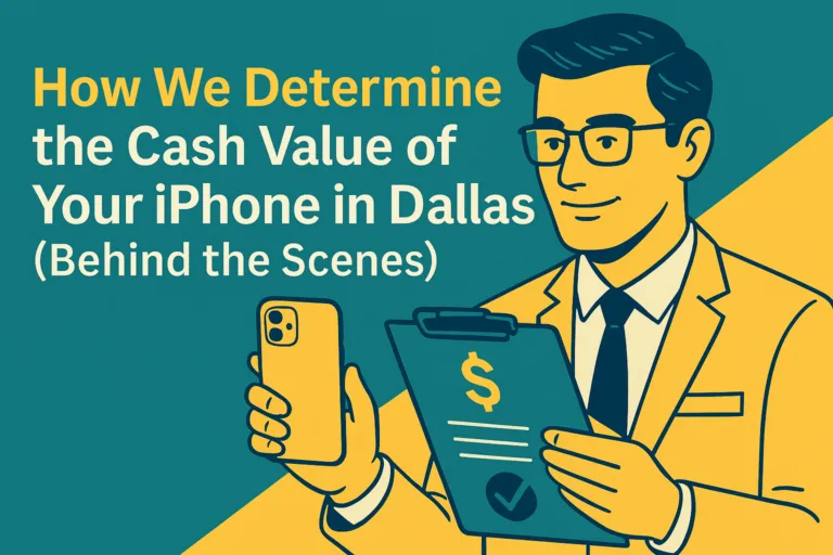 Illustration of a smartphone inspection showing how iPhone value is determined by Dallas phone buyers.