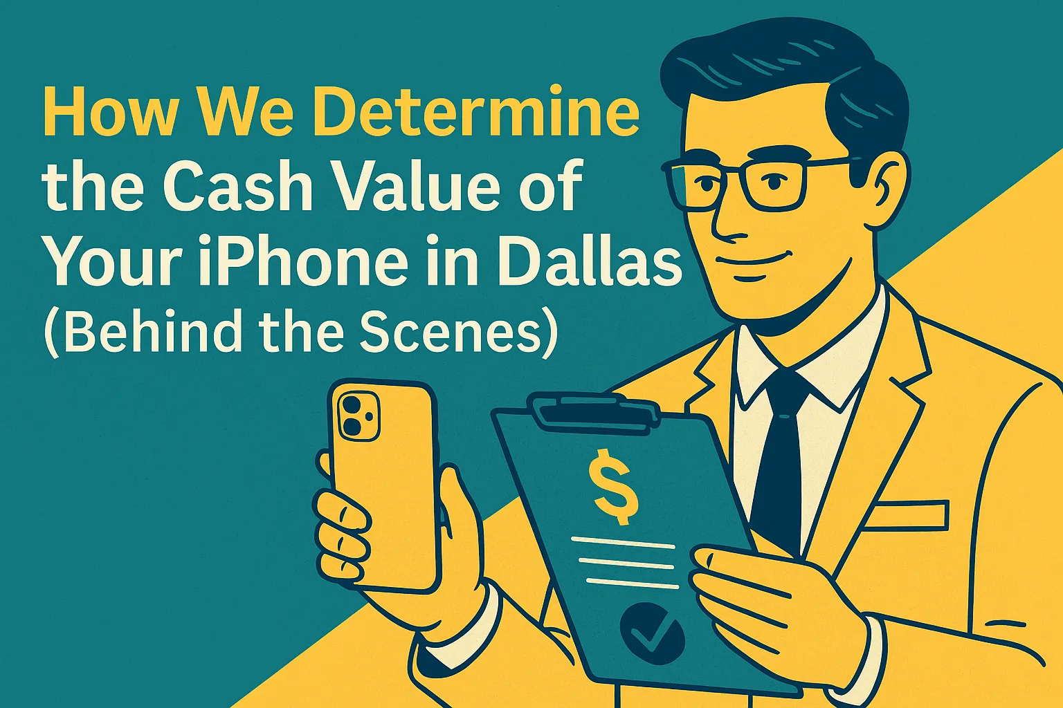 Illustration of a smartphone inspection showing how iPhone value is determined by Dallas phone buyers.
