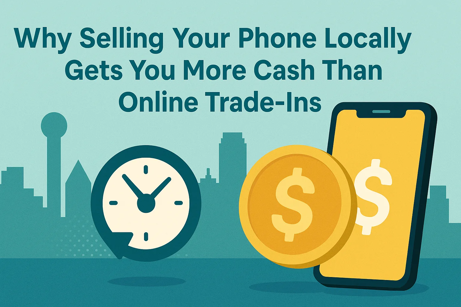 Teal and yellow illustration of a smartphone, clock icon, cash coins, and Dallas skyline representing why selling a phone locally pays more than online trade-ins.