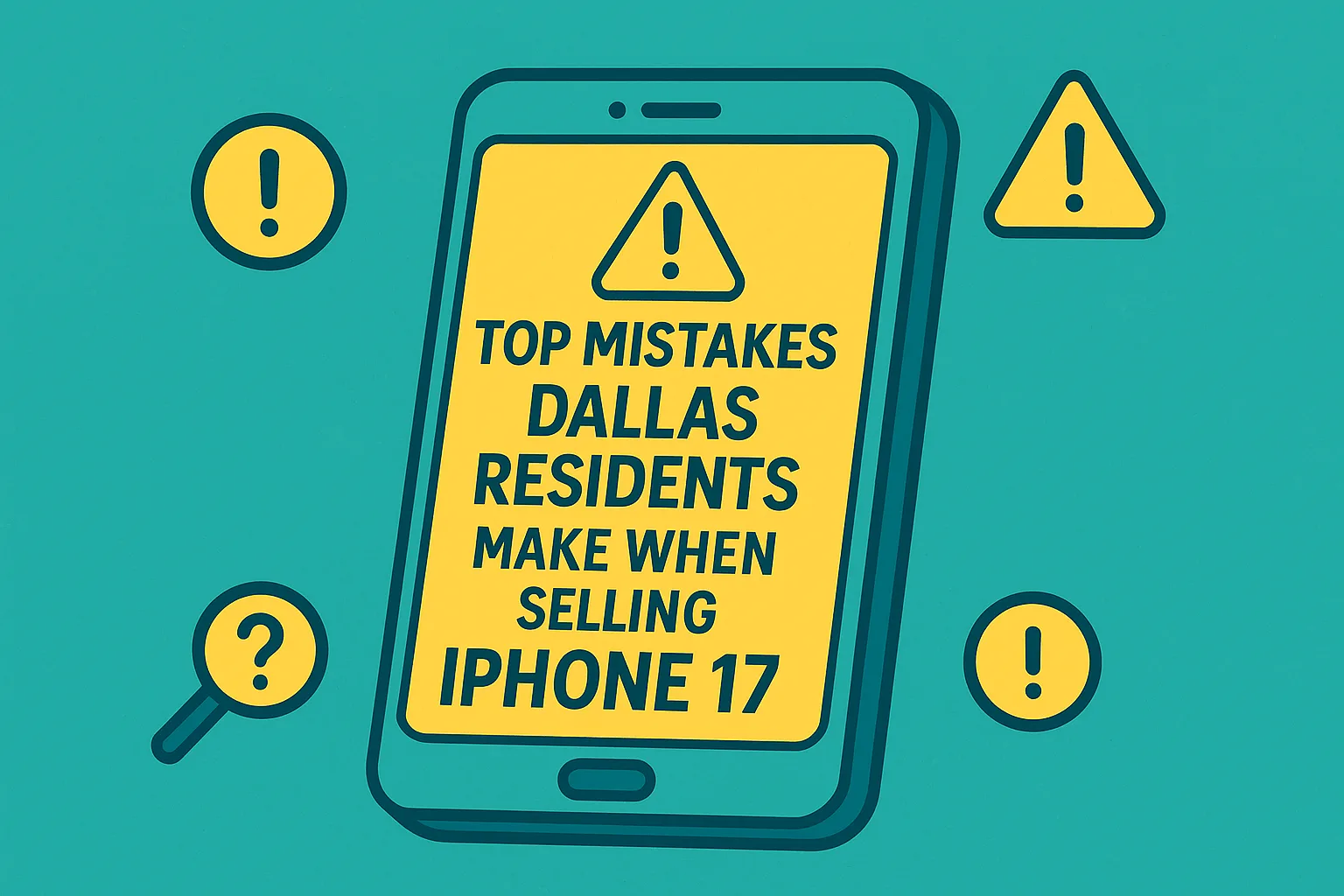 A teal and yellow flat-style illustration of an iPhone with caution symbols, representing common mistakes Dallas residents make when selling an iPhone 17.