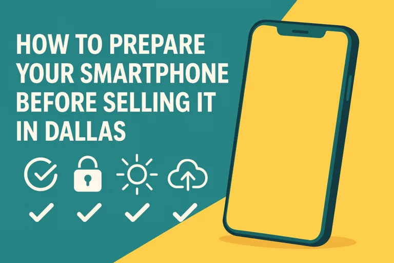 Teal and yellow flat-style illustration of a smartphone with checkmarks representing preparation steps before selling a phone in Dallas.